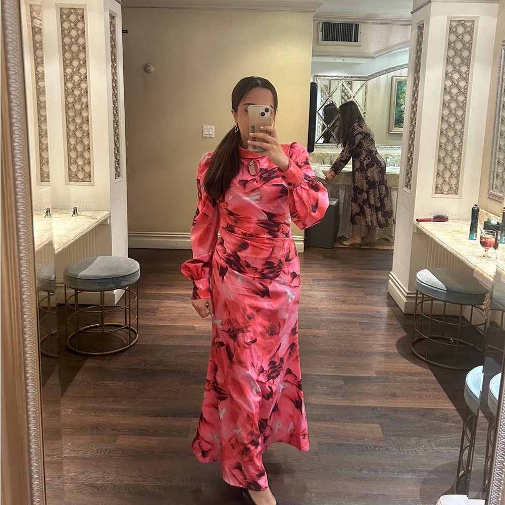 Pink Floral Long-Sleeve Maxi Dress